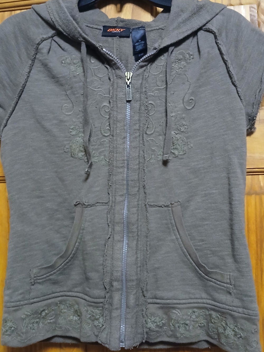 DKNY Active Taupe Sleeveless Hooded Zip Embroidered Swirls